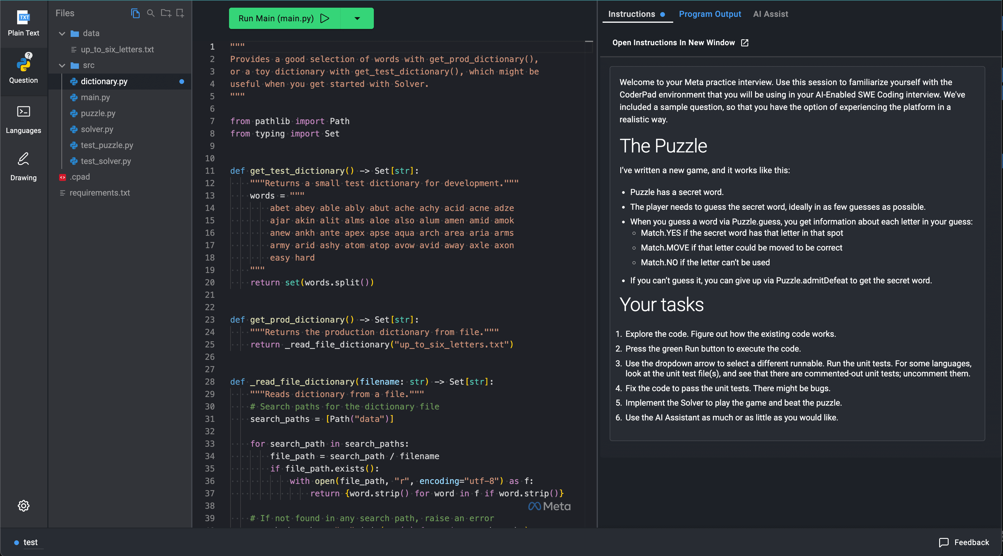 A screenshot of the CoderPad environment from Meta